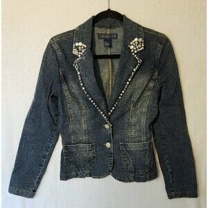 Baccini Women's Sz S Denim Blazer Style Jacket Embellished Rhinestones & Buttons